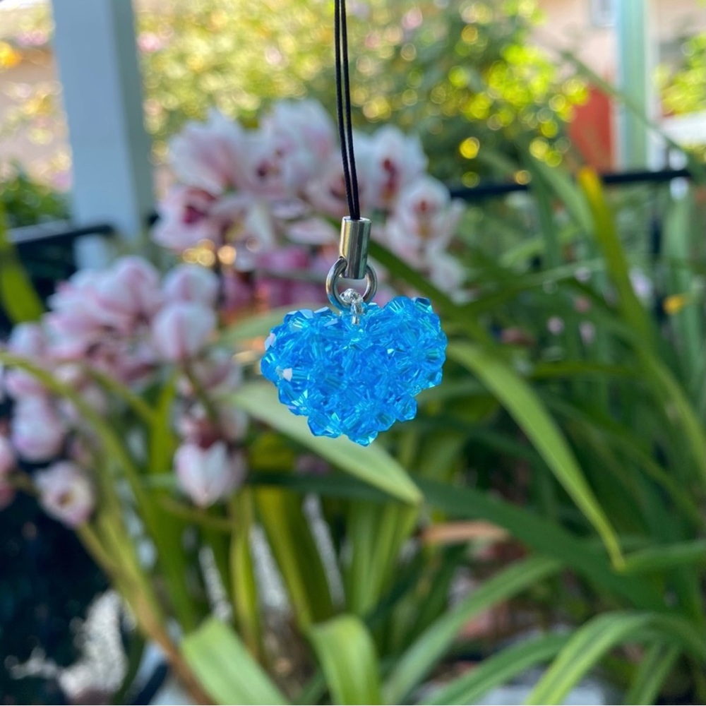 Blue Aquamarine Bead Puffy Heart Keychain